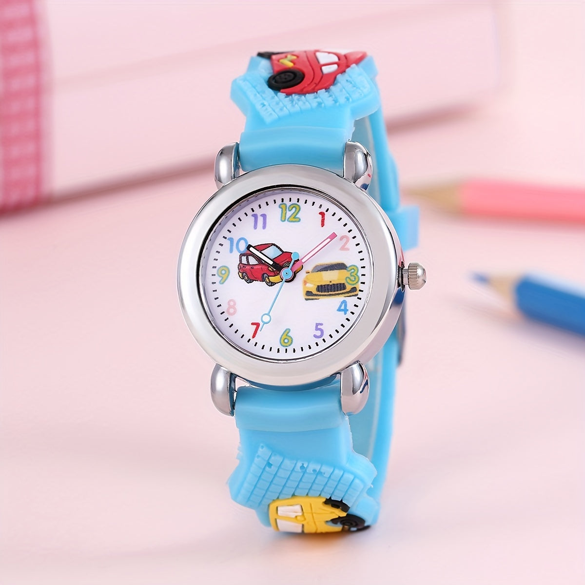 Kids Quartz Watch for Boys and Girls with Car Print, Blue, Non-Waterproof