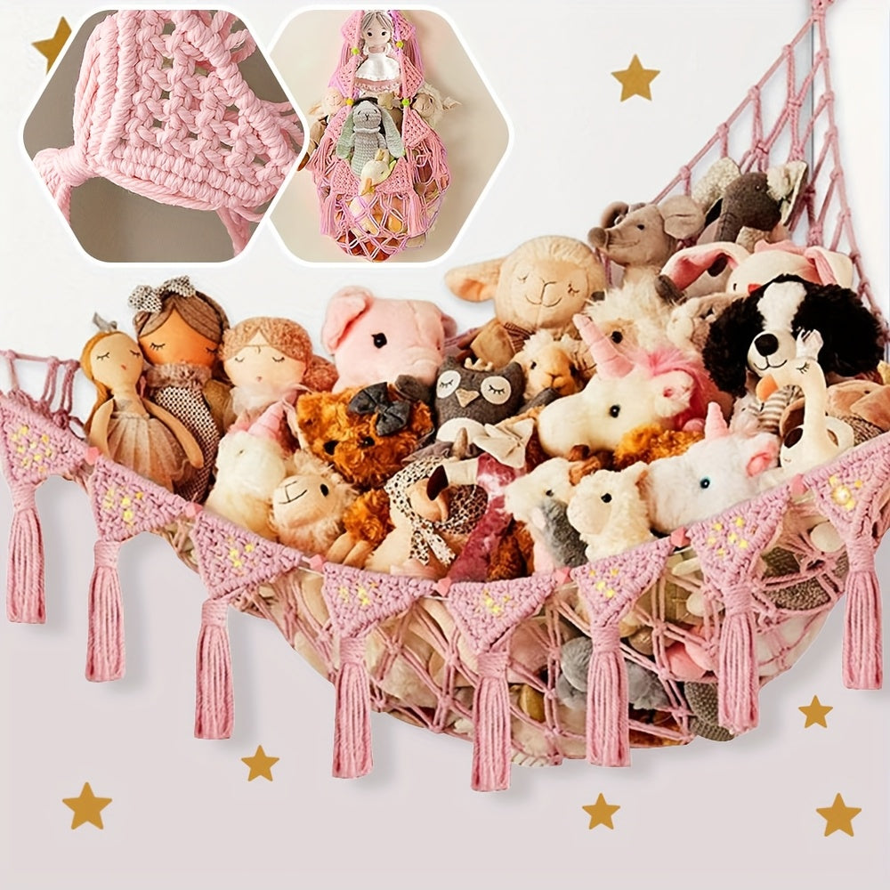 Macrame Stuffed Animal Storage Net for Nursery Decor Kids Toy Organizer