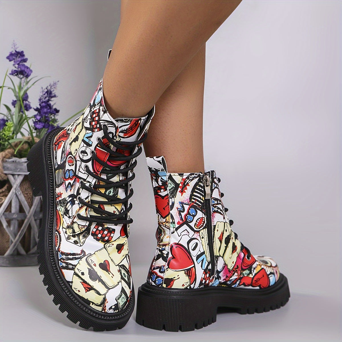 Women's Printed Lace-Up Boots Chunky Sole Low Heel Zipper Casual Shoes