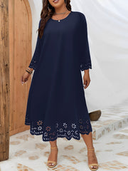 Midi Dress for Women with Laser-Cut Crew Neck Solid Color Stretch Polyester All Seasons