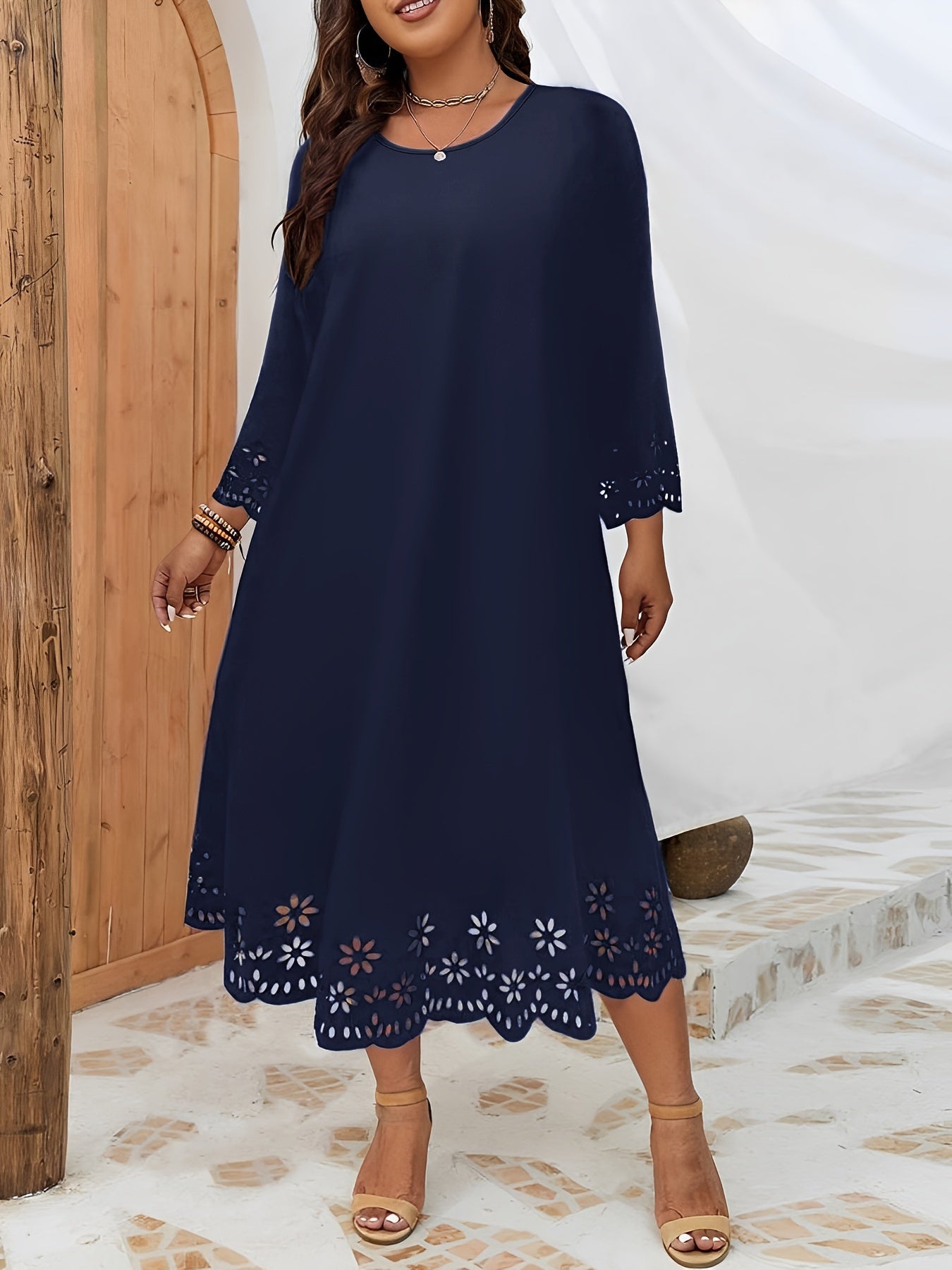 Midi Dress for Women with Laser-Cut Crew Neck Solid Color Stretch Polyester All Seasons