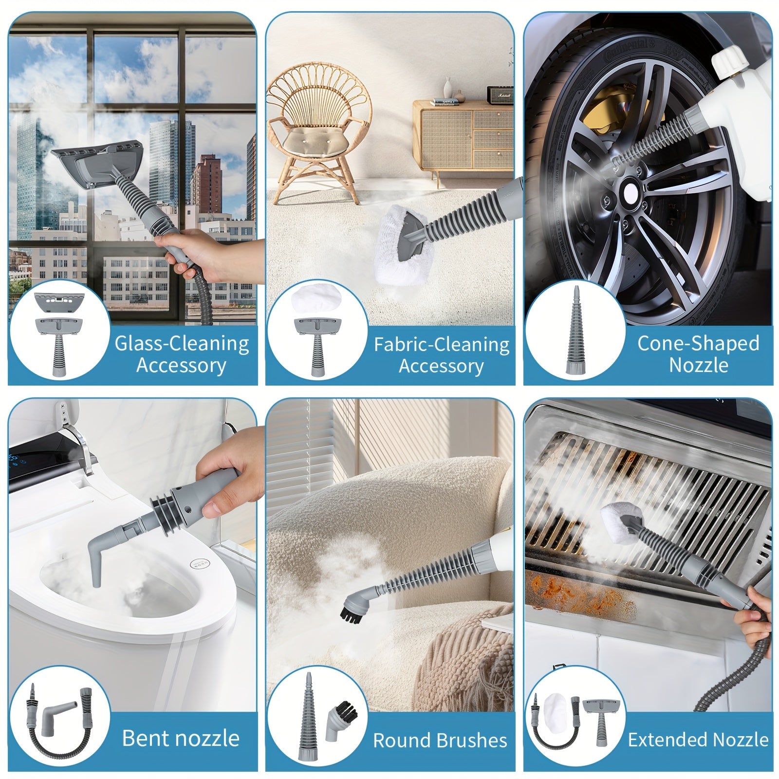 Uyda ko'p yuzalarni tozalash uchun qo'lga olinadigan bug' tozalagich, jumladan, pol, mebel, fugalar va avtomobillar.