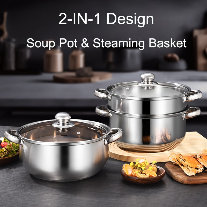 24cm Stainless Steel Steamer Pot Soup Pot Double Layer with Steaming Basket Compatible with Induction Gas Stoves