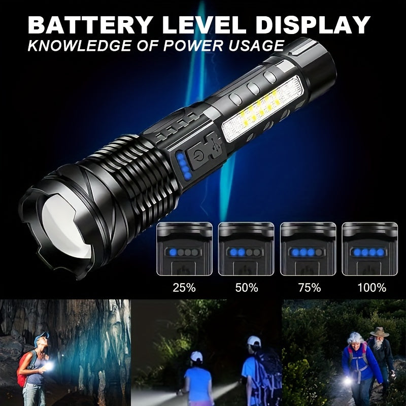 Portable Camping Flashlight USB Rechargeable LED Handheld Torch with Red-Blue Warning Light