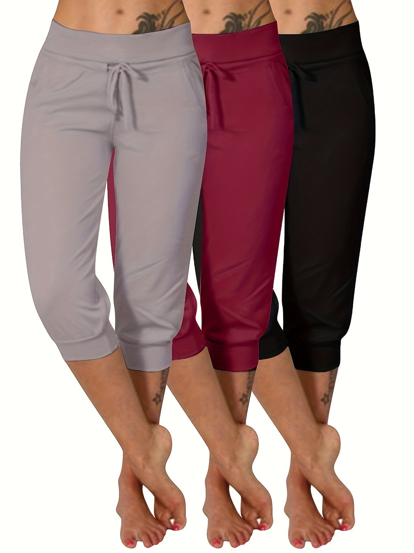 Pack de 3 pantalones capri de yoga para mujer talla grande con bolsillos con cordón en color burdeos, de poliéster elástico