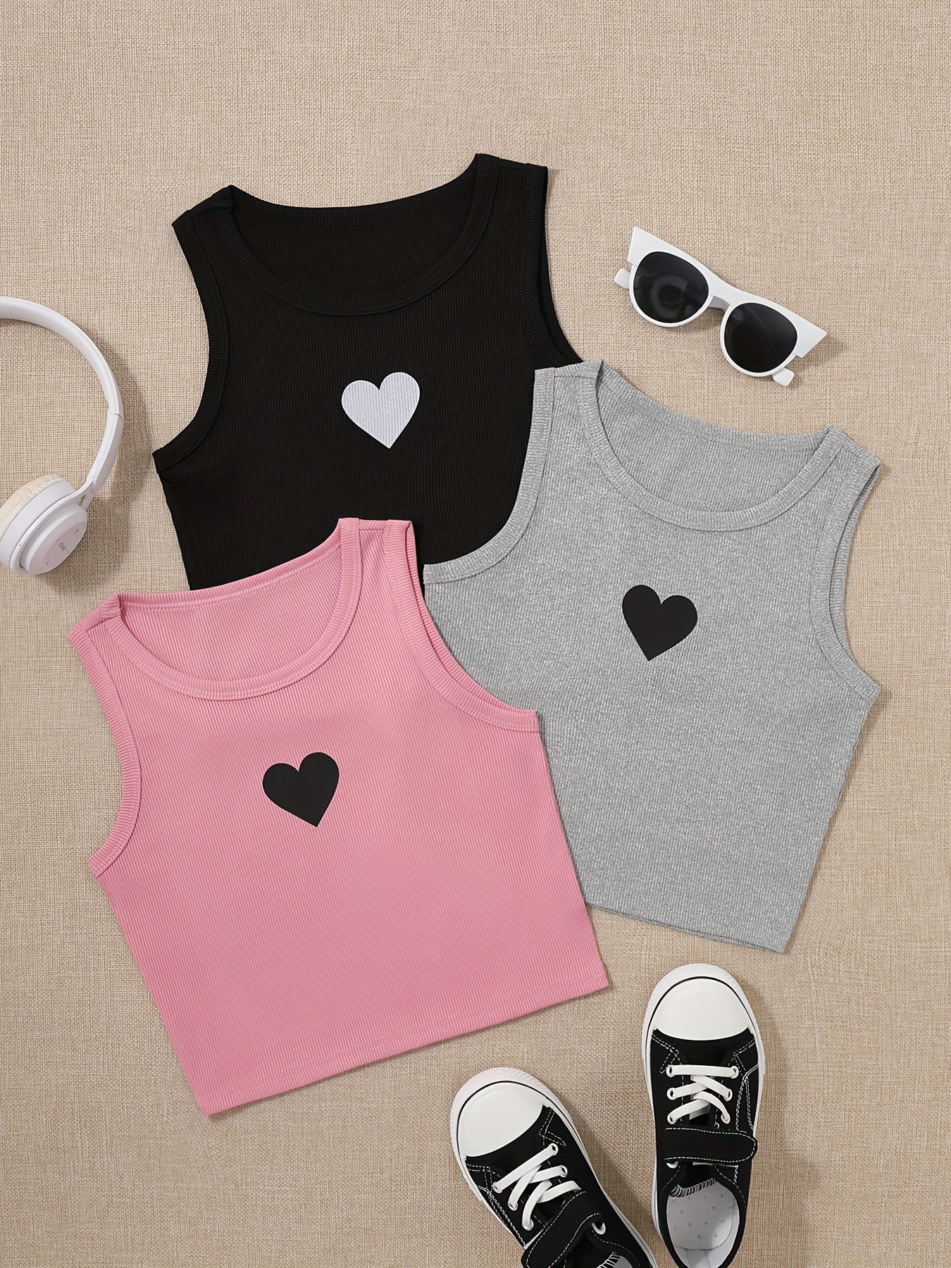 Girls' Casual Printed Crop Tank Tops with Heart Design in Assorted Colors Kids Sizes