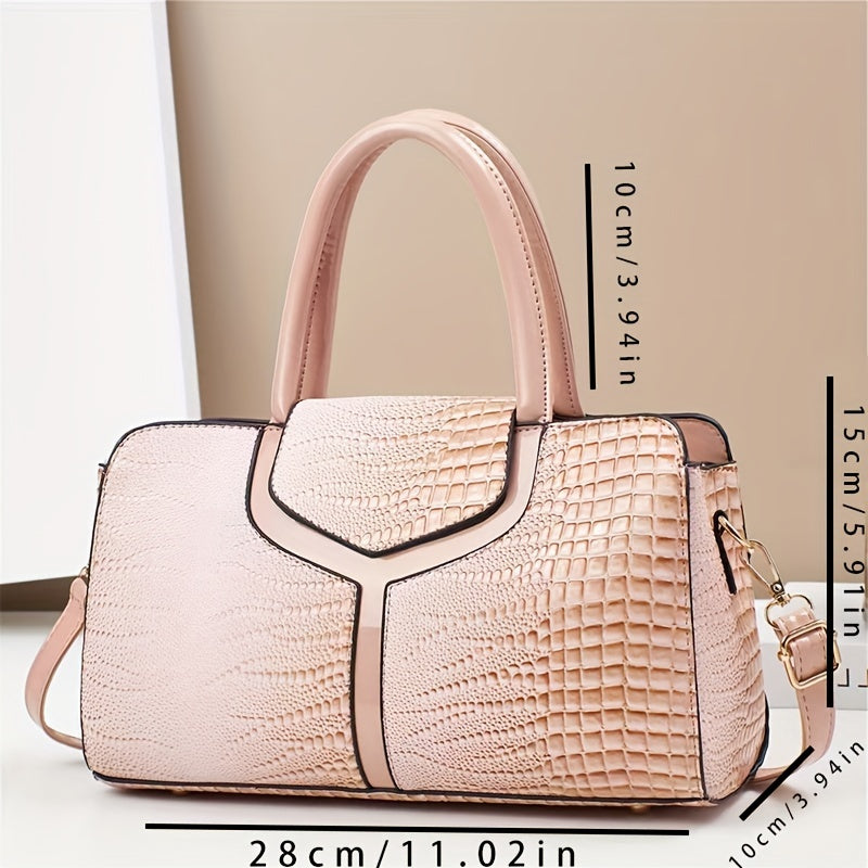Women's Crocodile Pattern Leather Handbag with Adjustable Strap and Zipper Closure
