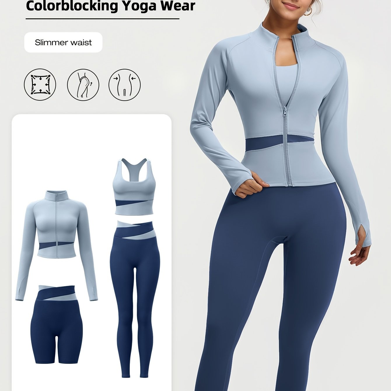 Ayollar uchun 4 qismli yoga mashg'ulotlari to'plami, zipli kurtka, leggings va sport brassisi, yugurish va fitnes uchun Yevropa o'lchovlarida.