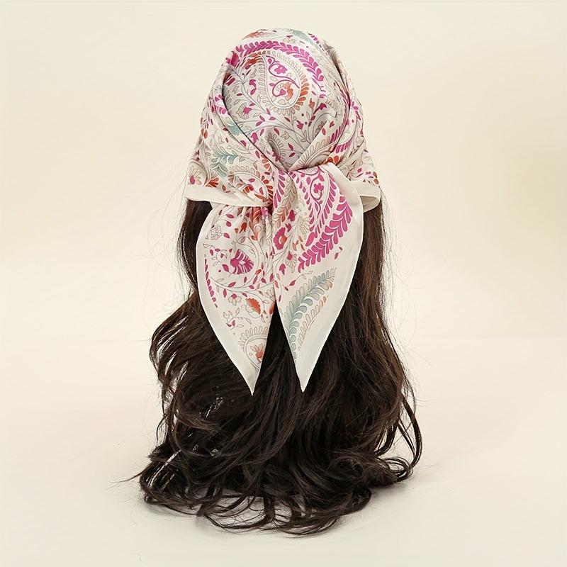 Women’s Green Print Square Scarf Made of Simulated Silk 69.85cm Breathable Neck Wrap