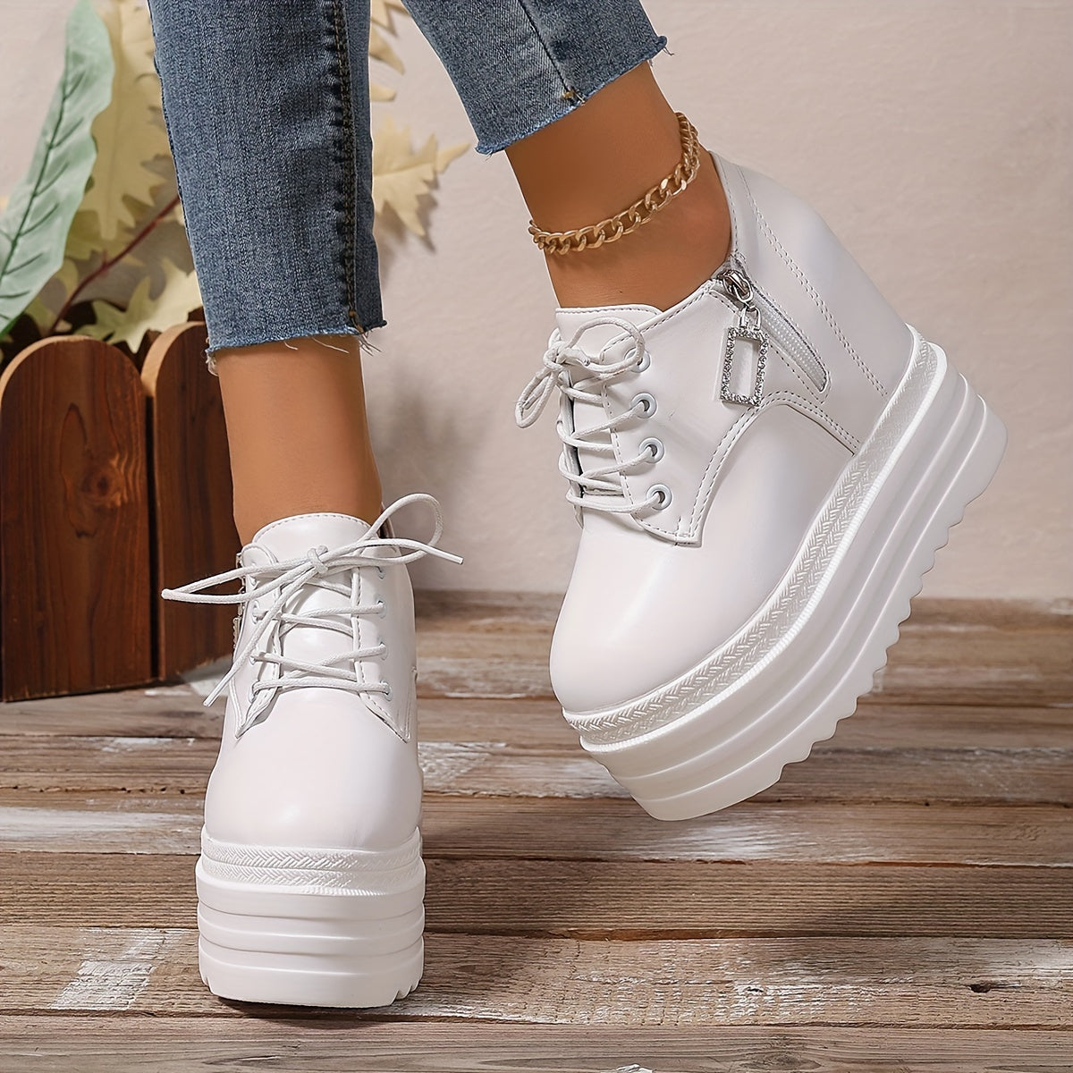 Zapatos de plataforma blancos para mujer con cremallera, suela gruesa y tacón alto