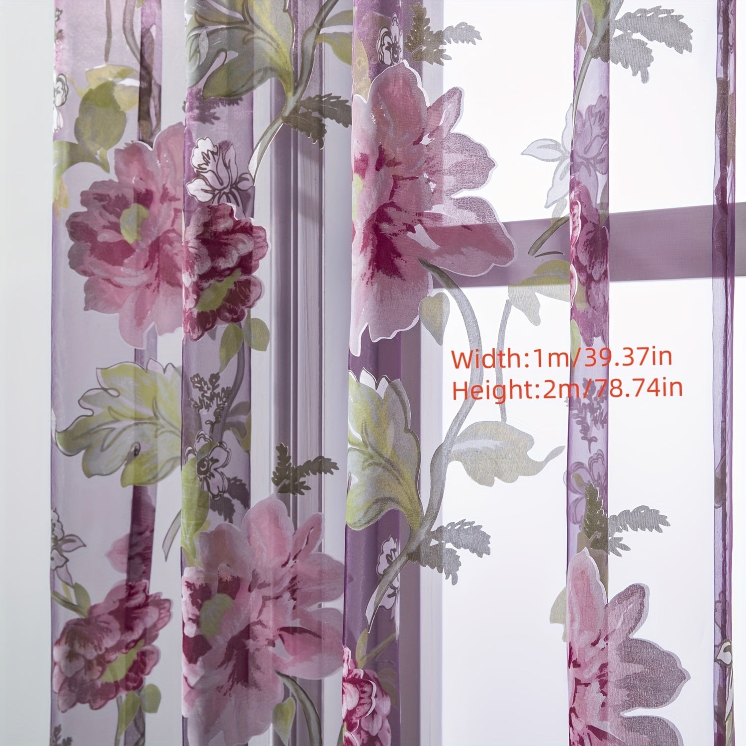 French Country Style Peony Floral Sheer Curtain 100cm x 200cm Rod Pocket Window Treatment for Bedroom and Living Room