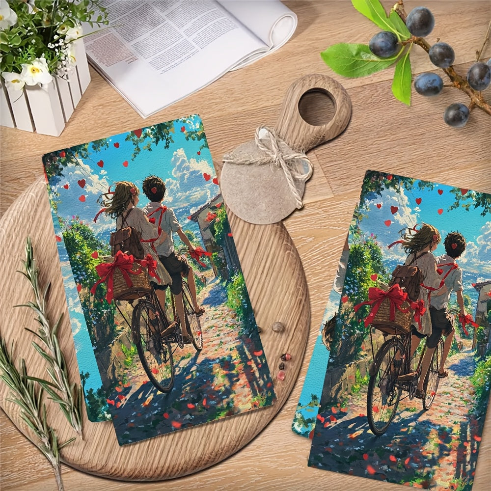 Set of 2 Ultra-Soft Kitchen Towels with Anime Couple Bicycle Design