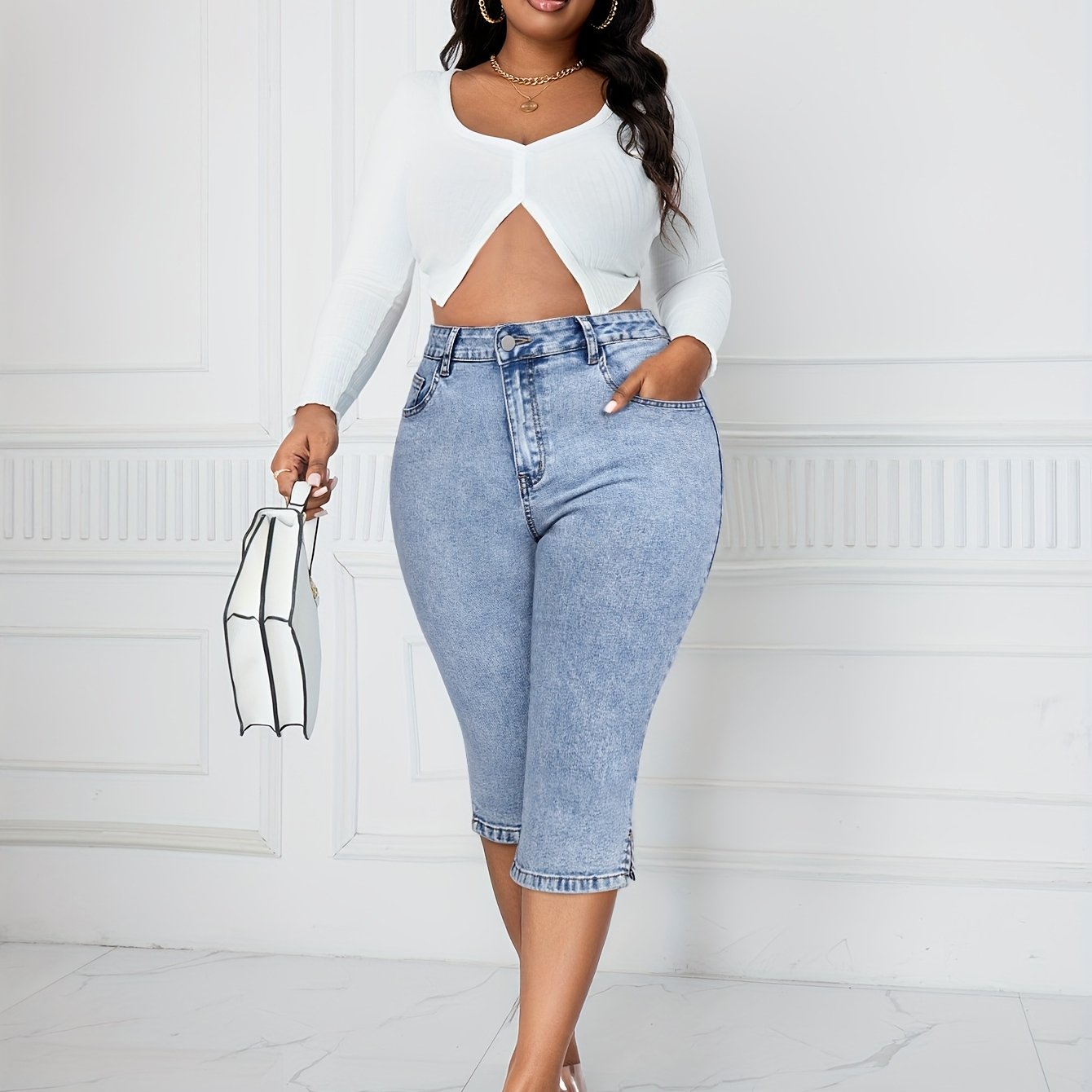 Women's High-Stretch Mid-Thigh Denim Jorts Casual Washed Blue Shorts