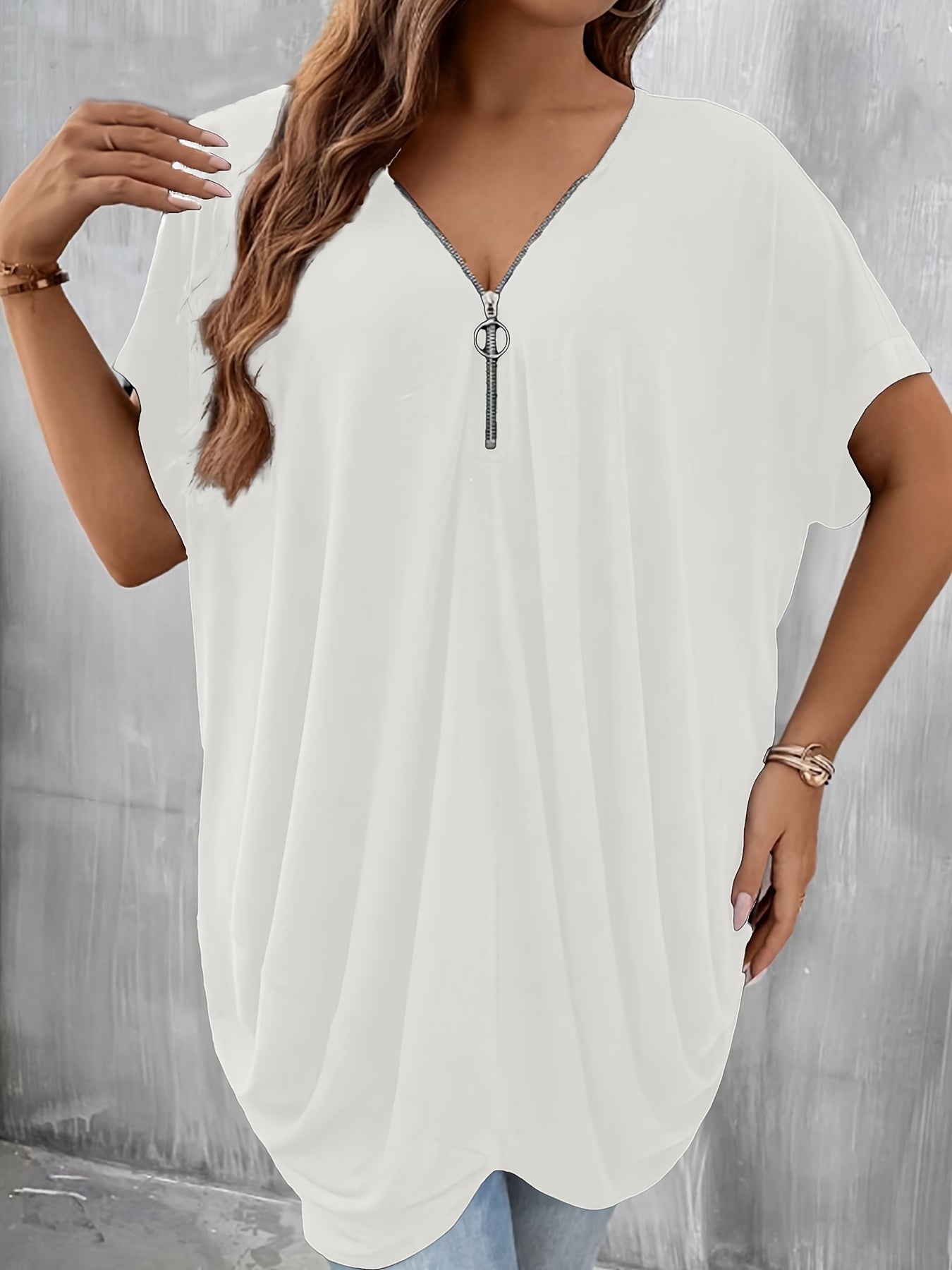 Plus Size Women's Loose Black Zipper Top Summer Classic Blouse