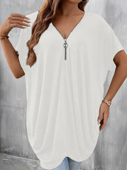 Plus Size Women's Loose Black Zipper Top Summer Classic Blouse