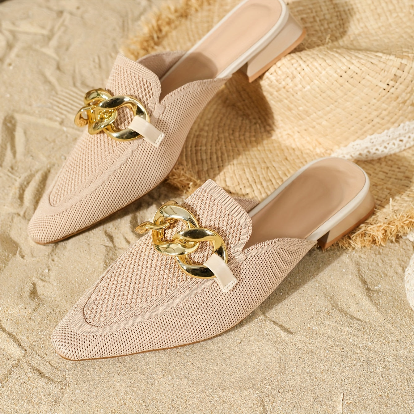 Women's Black Mules with Metallic Chain Pointed Toe Low Heel Flats