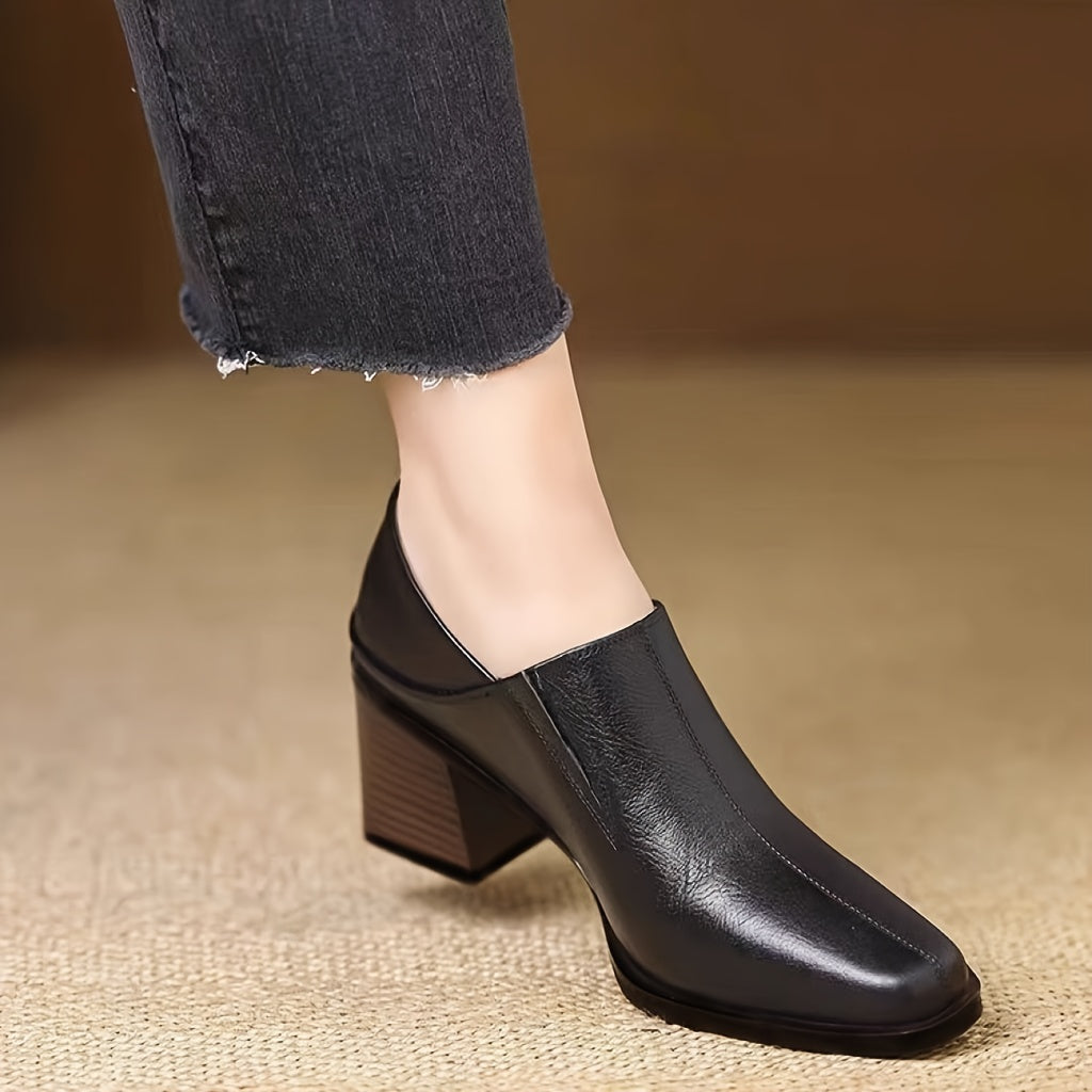 Women’s Vintage-Inspired Black Chunky Heel Loafers with Square Toe