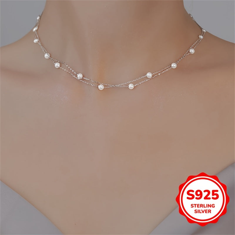 Sterling Silver Pearl Necklace for Women Double-Layer Elegant Clavicle Chain Gift