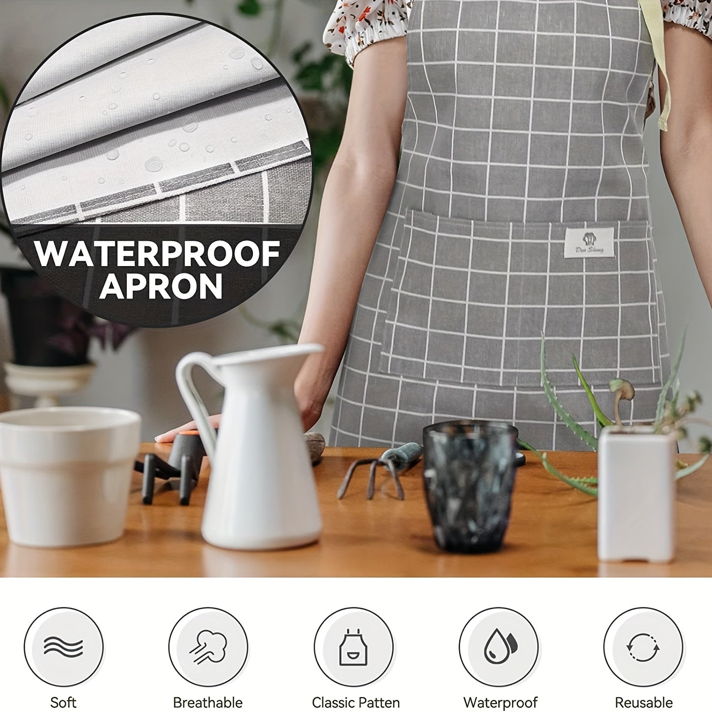 2 dona to'qima suv o'tkazmaydigan oshxona aproni, cho'ntaklar bilan, moslashuvchan bo'yin tasmasi va uzoq bog'ichlar bilan, pishirish, oshpaz yoki uy oshxonasi uchun foydalanish uchun