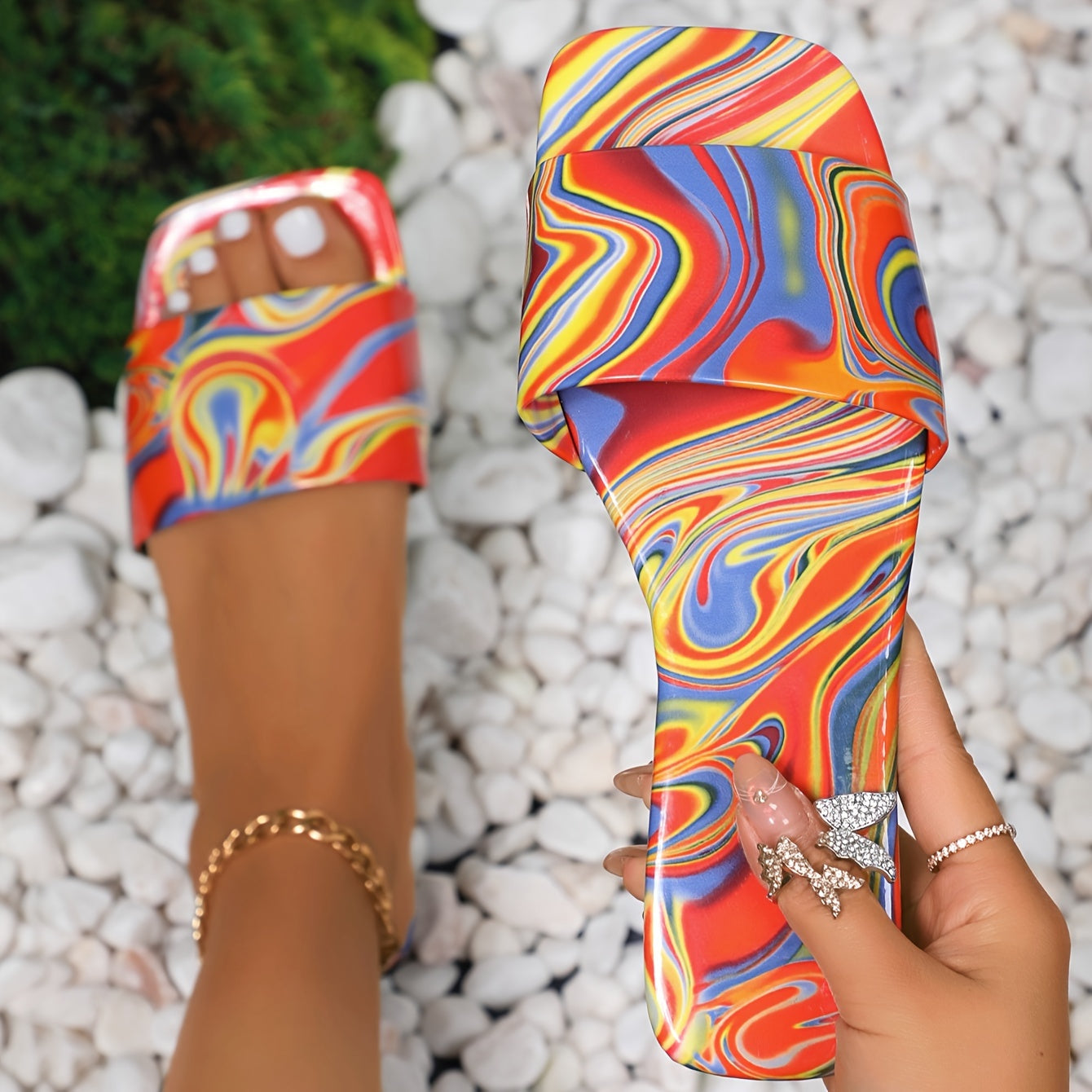 Women's Slide Sandals Colorful Open Toe Flat Heel Vacation Style