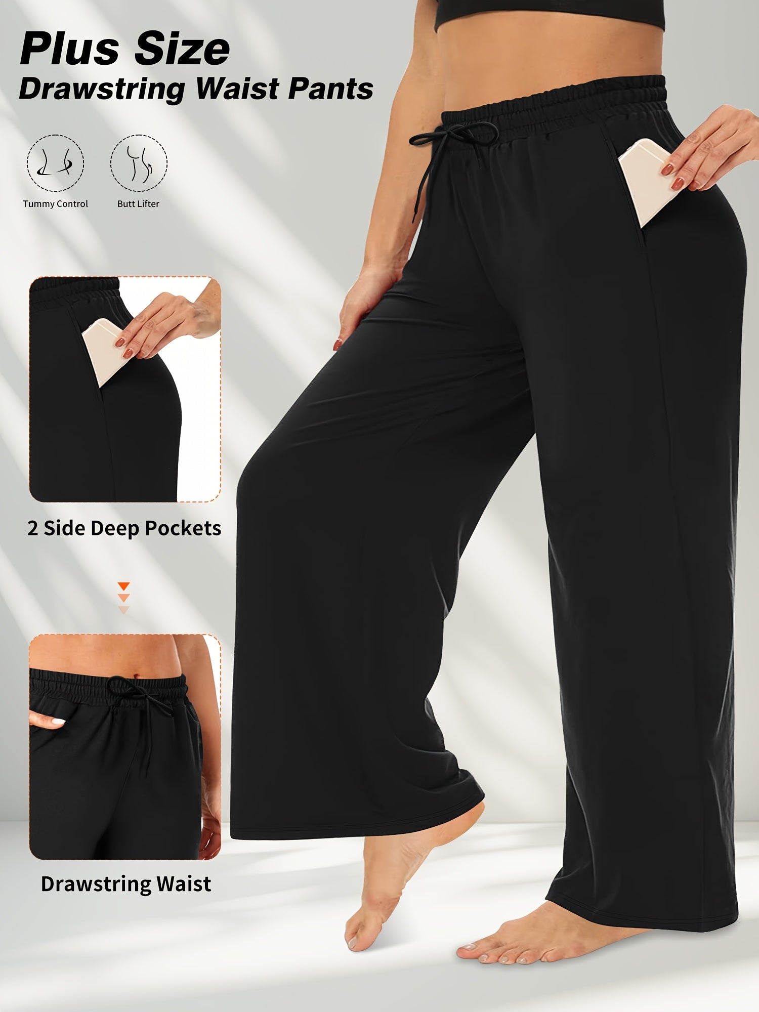 Pantalones de color sólido de talla grande, casuales con cinturilla de cordón y bolsillos para mujer