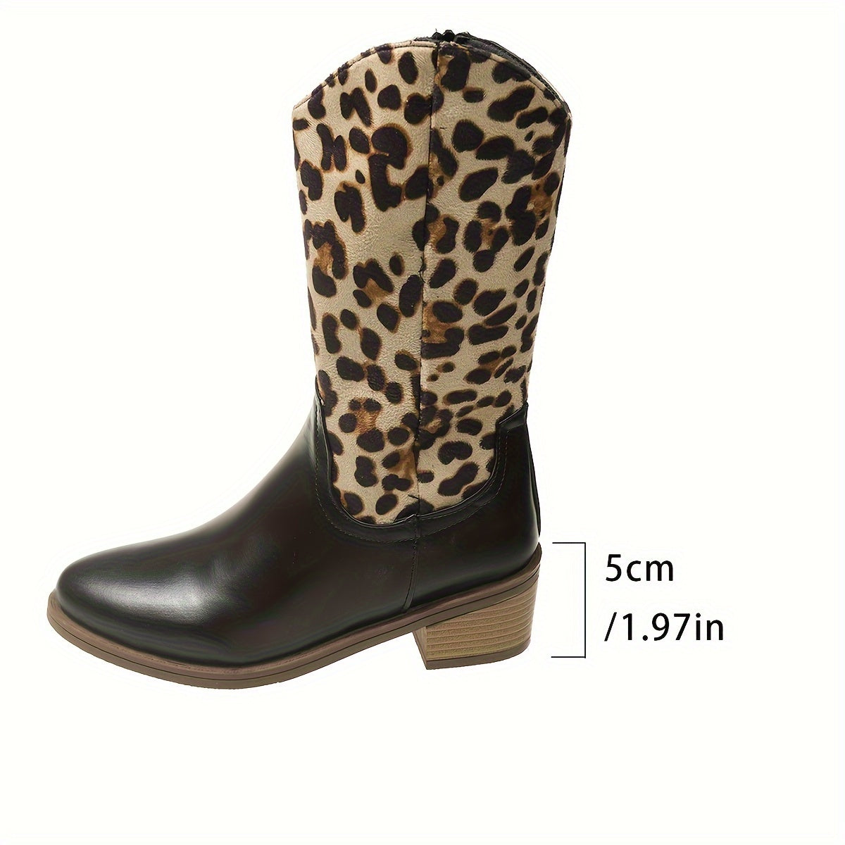 Women's Leopard Print Faux Leather Pointed Toe Boots with Chunky Heel