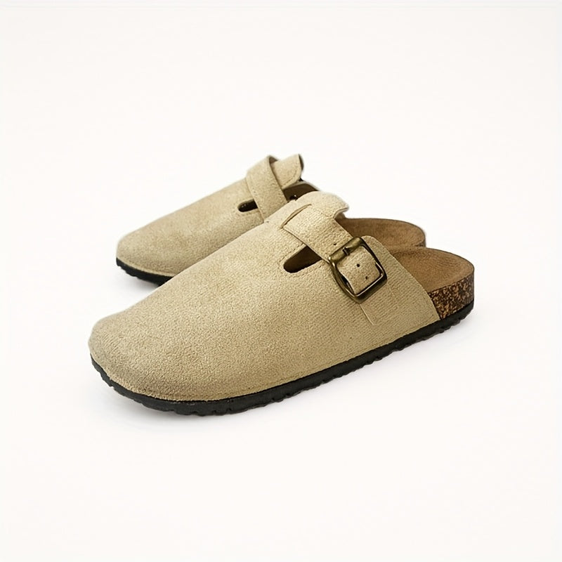 Women's Beige Mules with Buckle Detail Soft Fabric Lining Non-Slip Rubber Sole