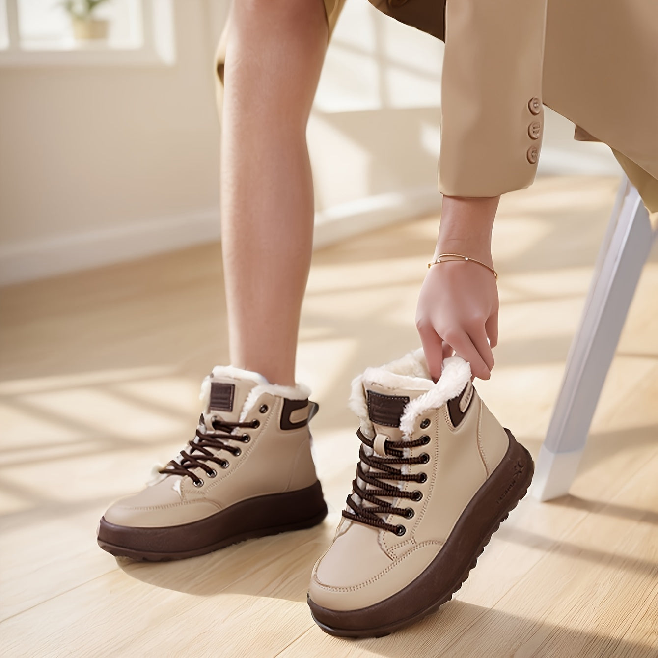 Women's Winter Boots Leather Platform Slip-Resistant Ankle Support Beige White