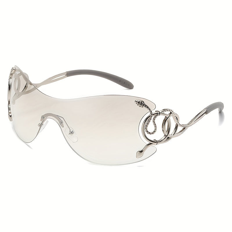 Women Y2K Style One-Piece Lens Sunglasses with Silver Snake Detail