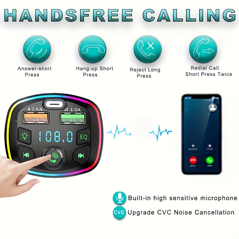 Wireless Car Charger FM Transmitter with Dual USB Fast Charging Multi-Color Ambient Light