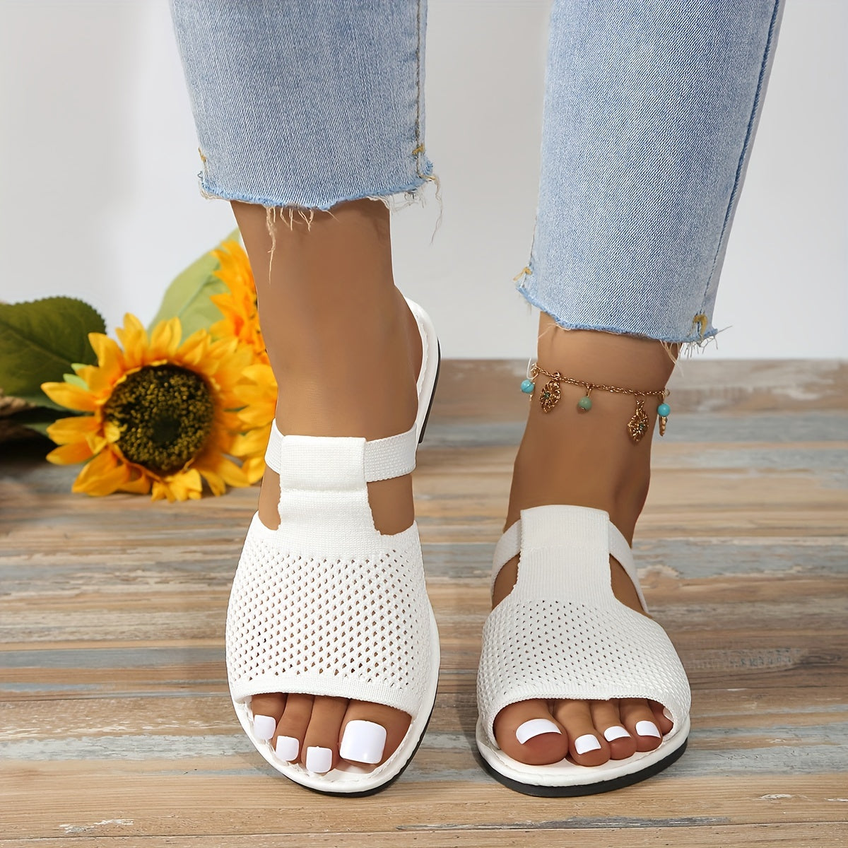 Women Knitted Flat Sandals Comfortable Lightweight Beach Shoes Summer