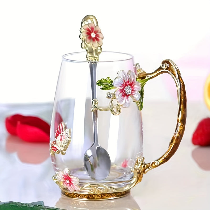 Enamel Flower Tea Cup Set 320ml 350ml for Home Office Gifting