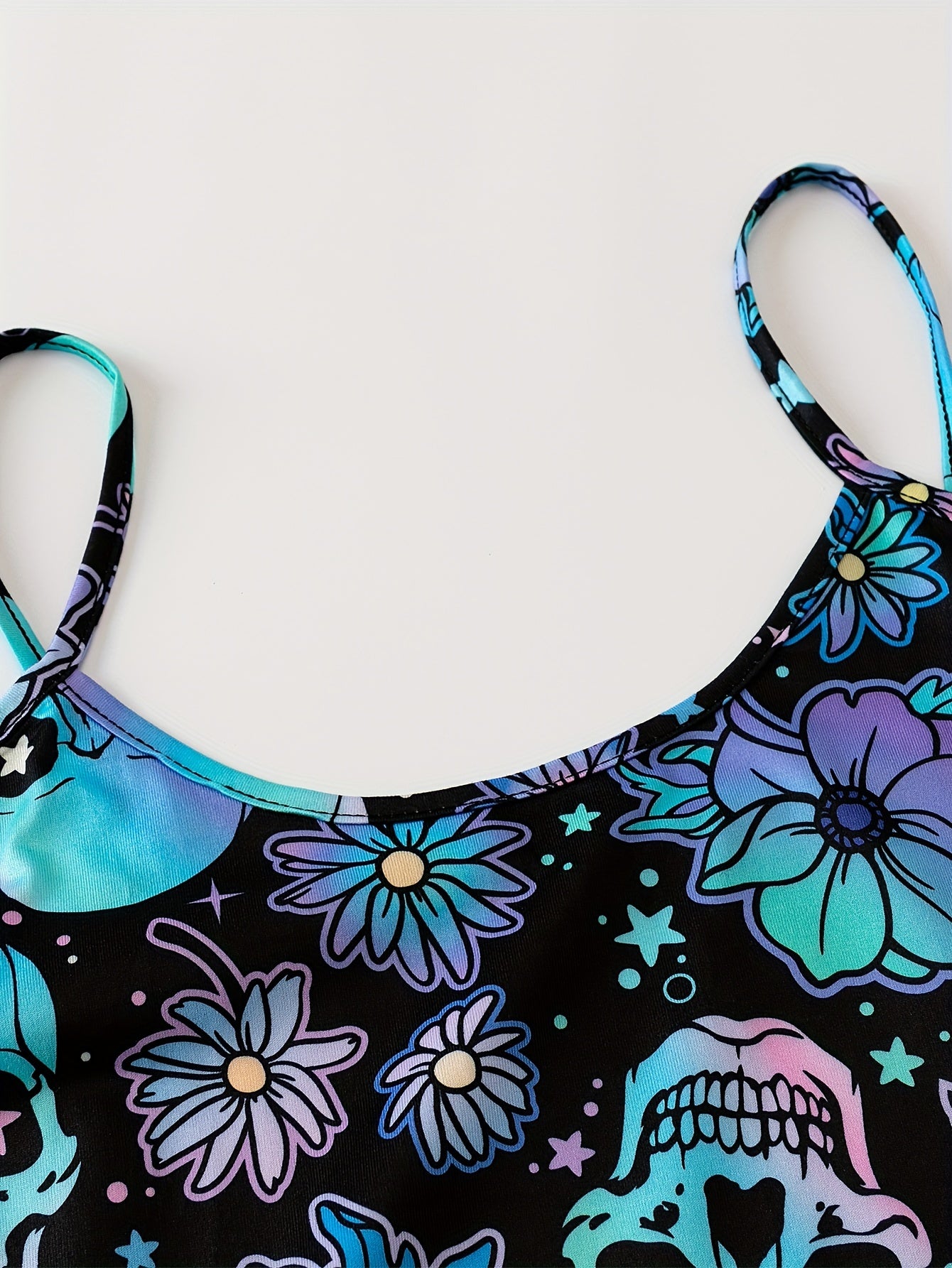 Women's Gothic Sleepwear Pajama Set with Skull and Floral Print Backless Cami Top and Elastic Shorts