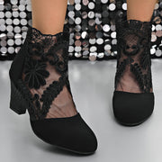 Women's Black Lace-Trimmed Mesh Ankle Boots Pointed Toe Chunky Heel