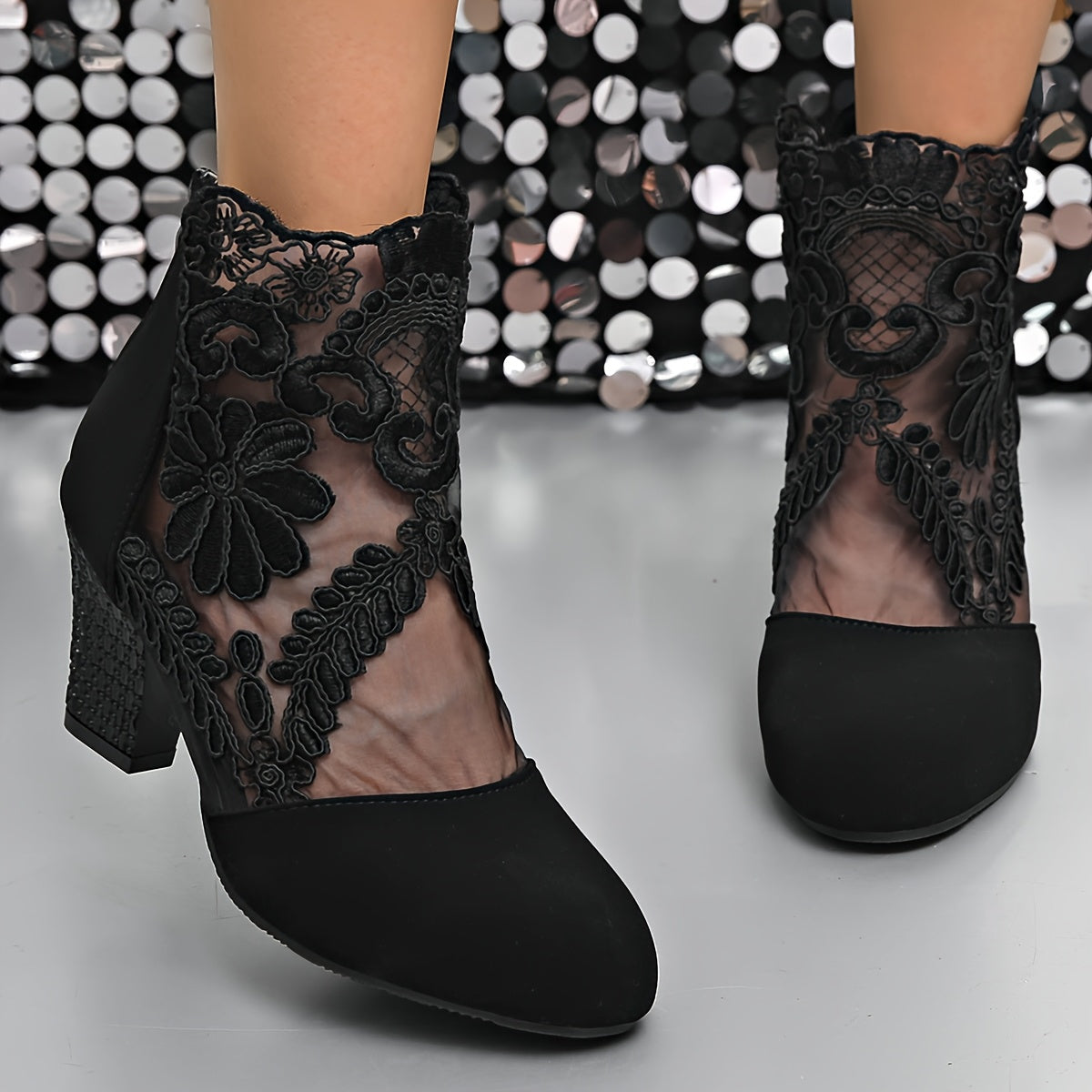 Women's Black Lace-Trimmed Mesh Ankle Boots Pointed Toe Chunky Heel