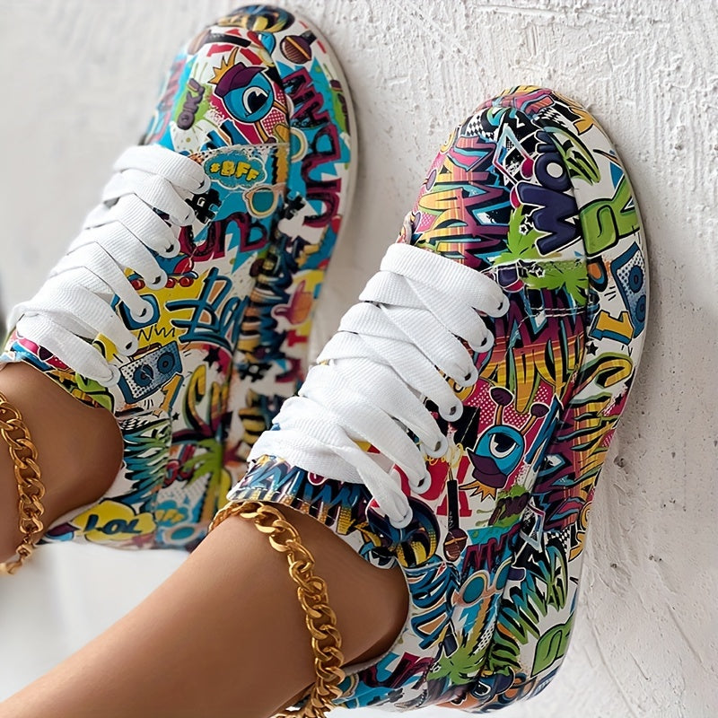 Women's Graffiti Print Sports Shoes, Lace-Up Low Top Platform Sneakers