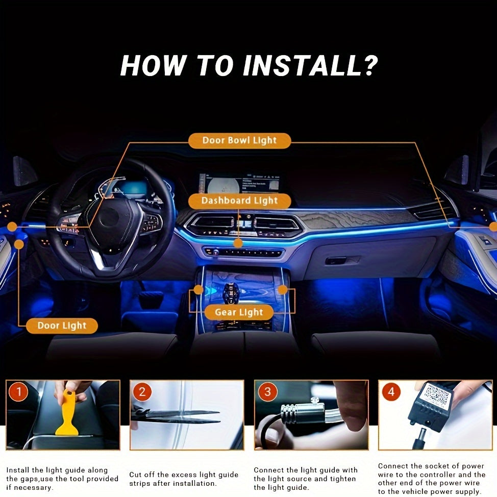 16m RGB Avtomobil ichki LED chiziq chiroqlari, simsiz ilova boshqaruvi, musiqa sinxronizatsiyasi, optik tolali to'plam