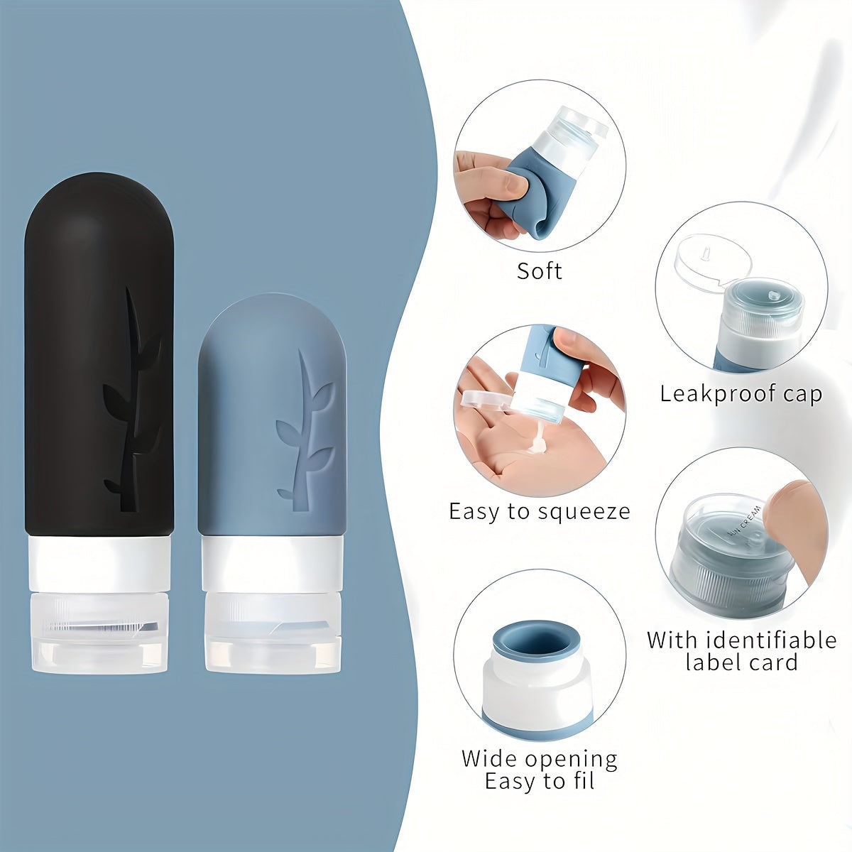 Set de 17 botellas de silicona para viaje con bolsa de almacenamiento recargable y a prueba de fugas Black