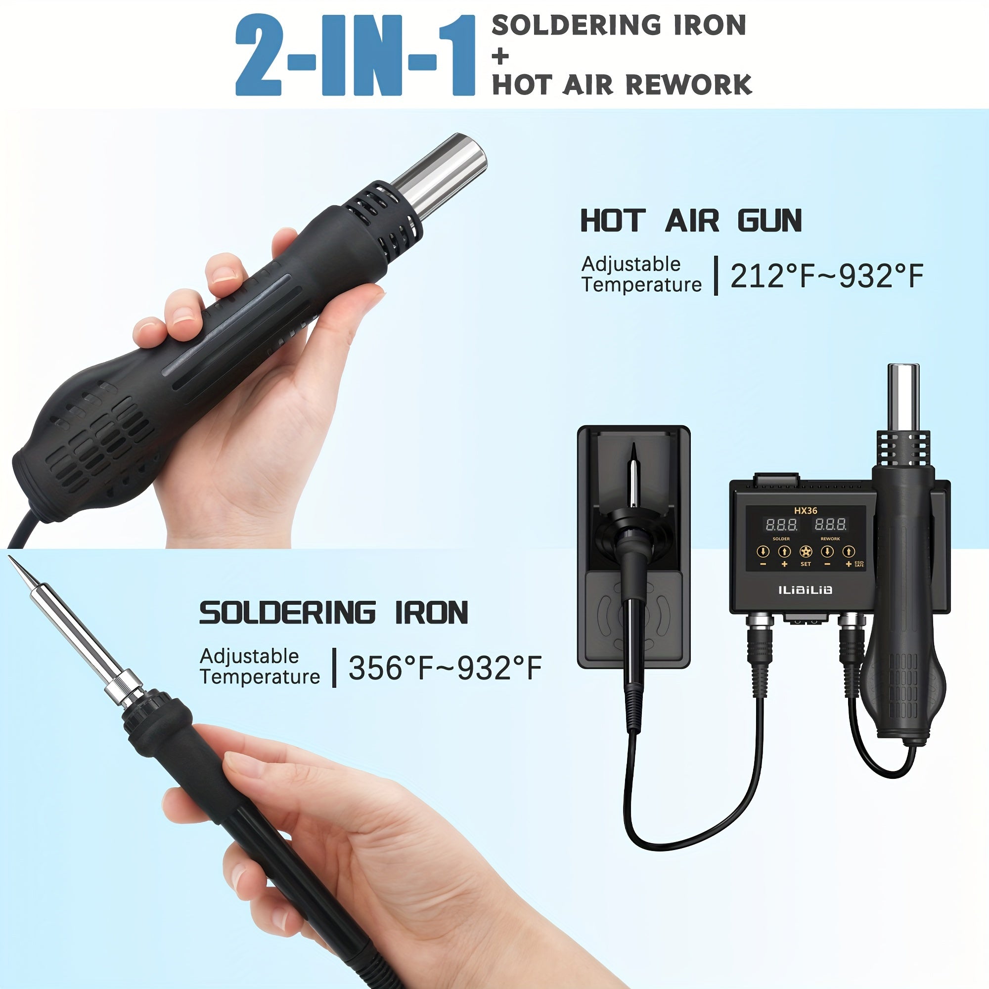 2-in-1 Soldering Station Kit with Hot Air Rework and Soldering Iron 220-240V Digital Temperature Control