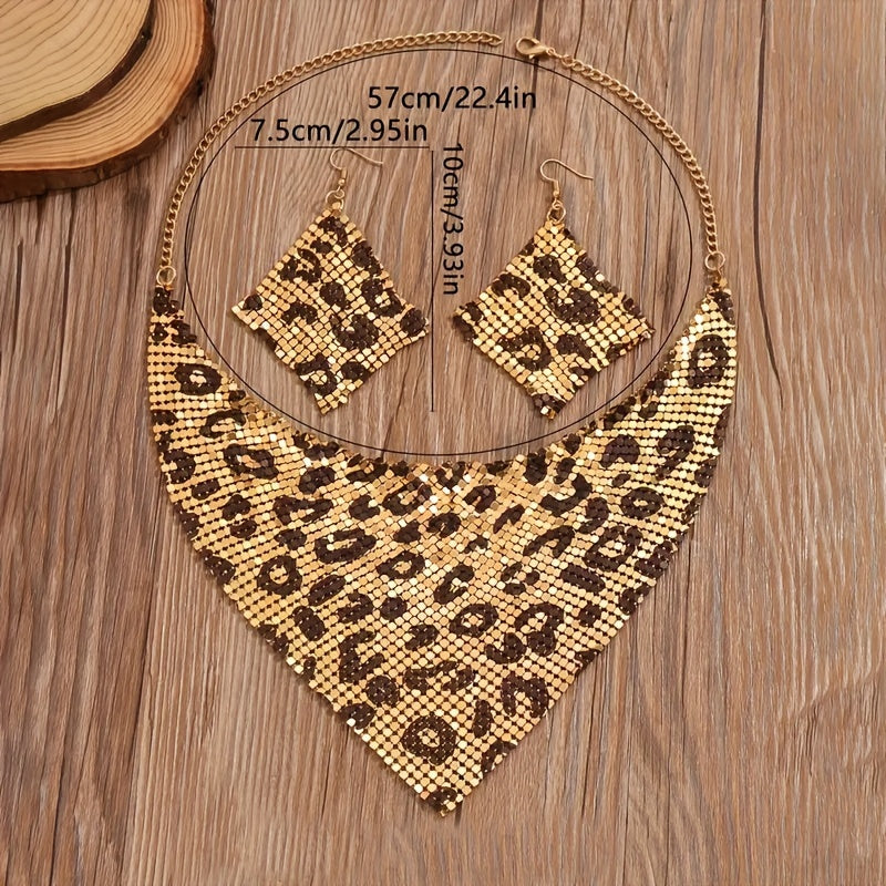 Retro Triangle Scarf with Sequins and False Collar Leopard Print Statement Necklace and Earrings for Women