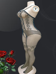 Women's Fishnet Bodysuit with Cut-Outs and Suspender Stockings Plus Size