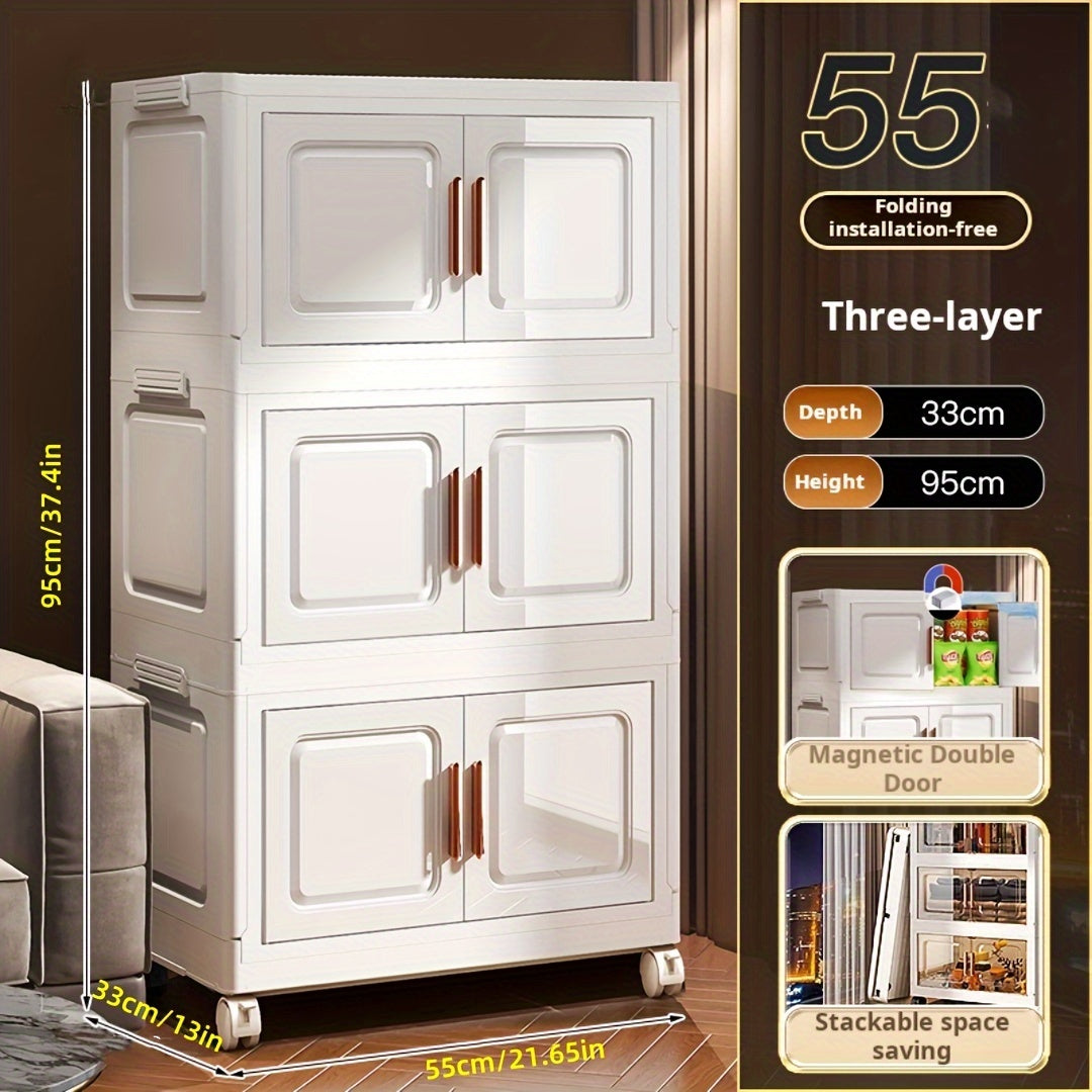 Складной органайзер для хранения PP с колесами, двойными дверцами и многоуровневыми полками