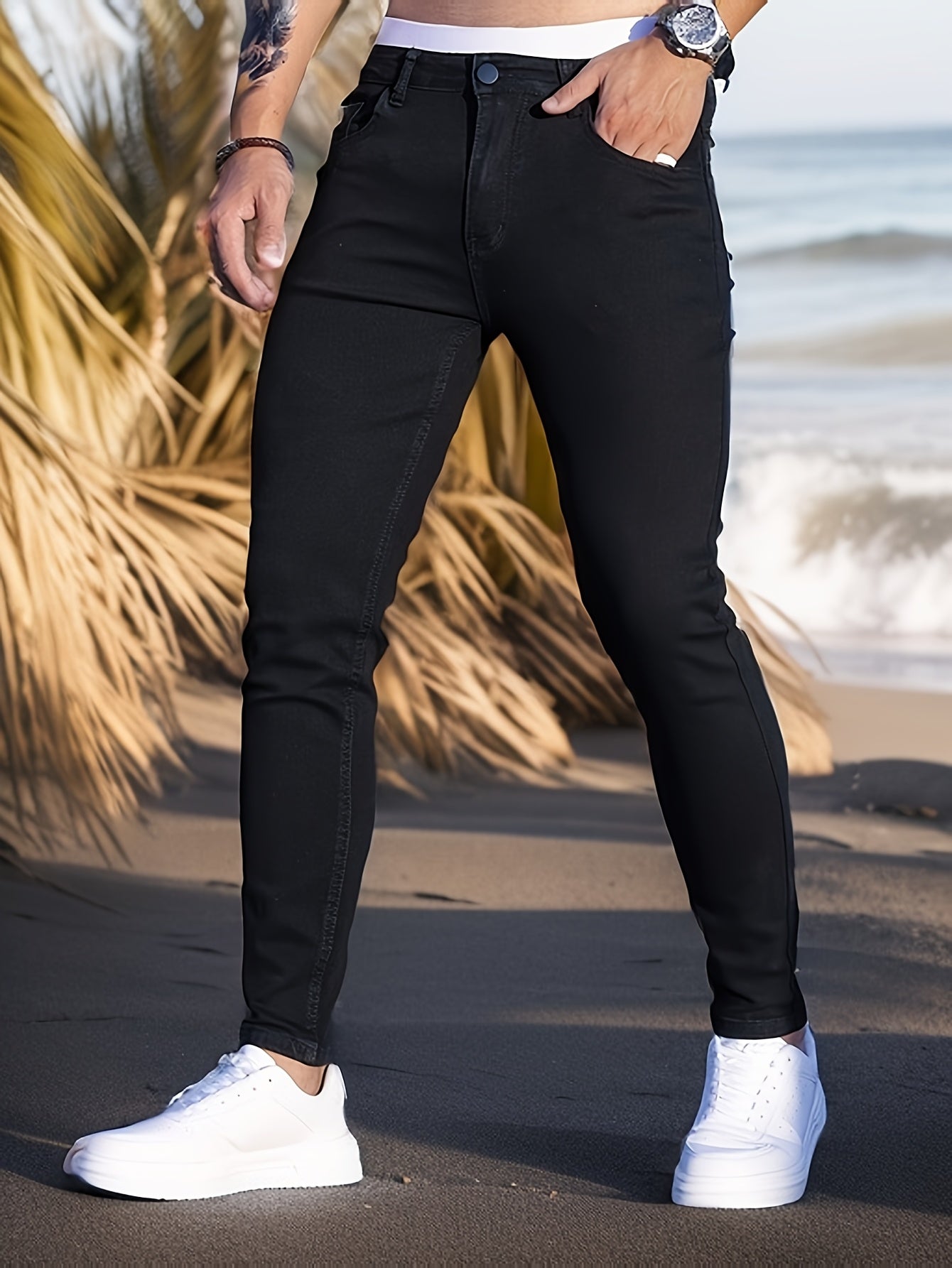 Men's Skinny Jeans Medium Stretch Denim Solid Color Casual Street Style