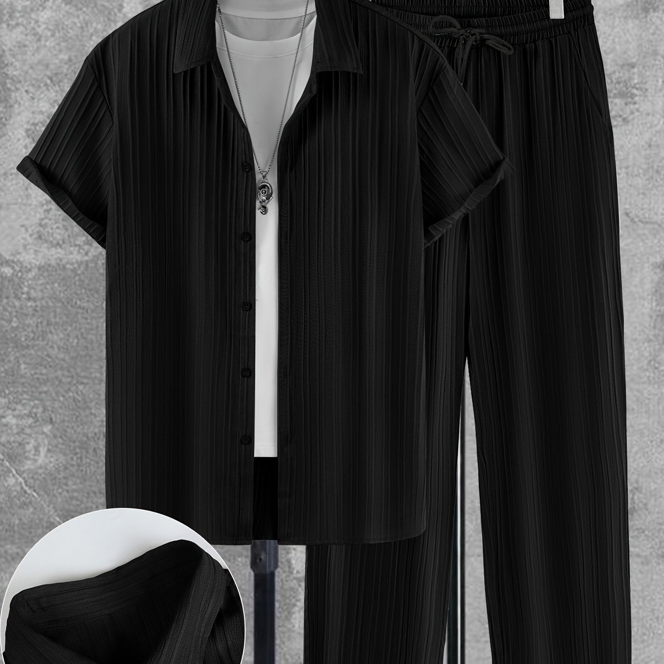 Men's Solid Color Textured Shirt and Pants Set Casual Four-Season Outdoor Outfit