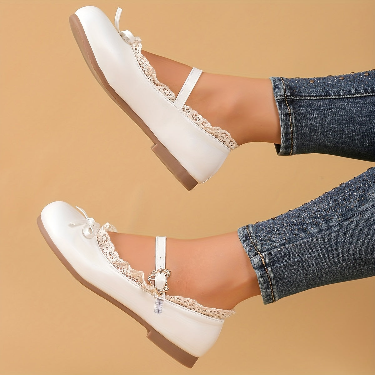 Women's Mary Jane Flats with Bow Detail Breathable Rubber Sole Pink White