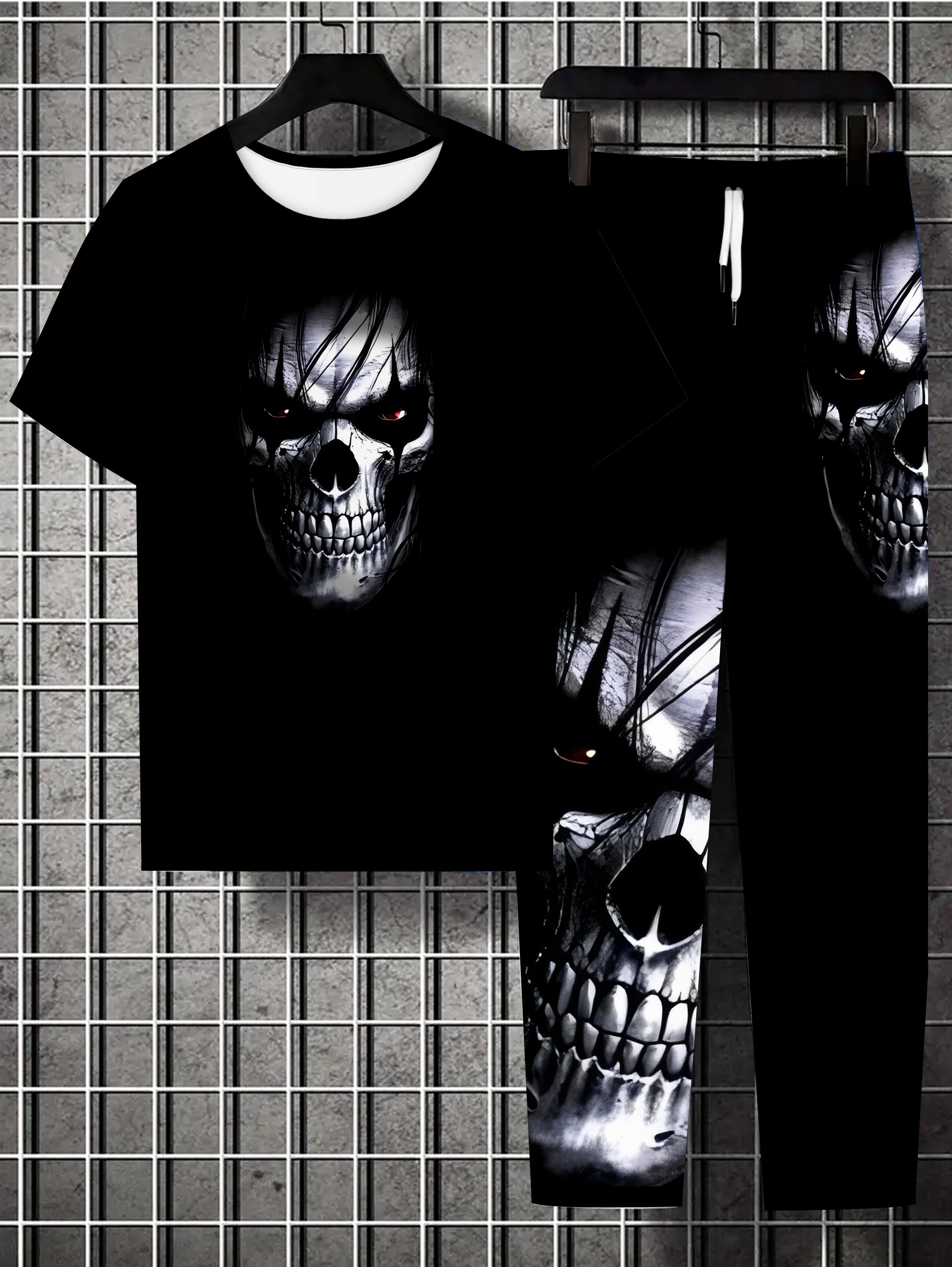 Plus Size Men's Polyester 3D Skull Print Sweatsuit Set with Pockets and Regular Fit