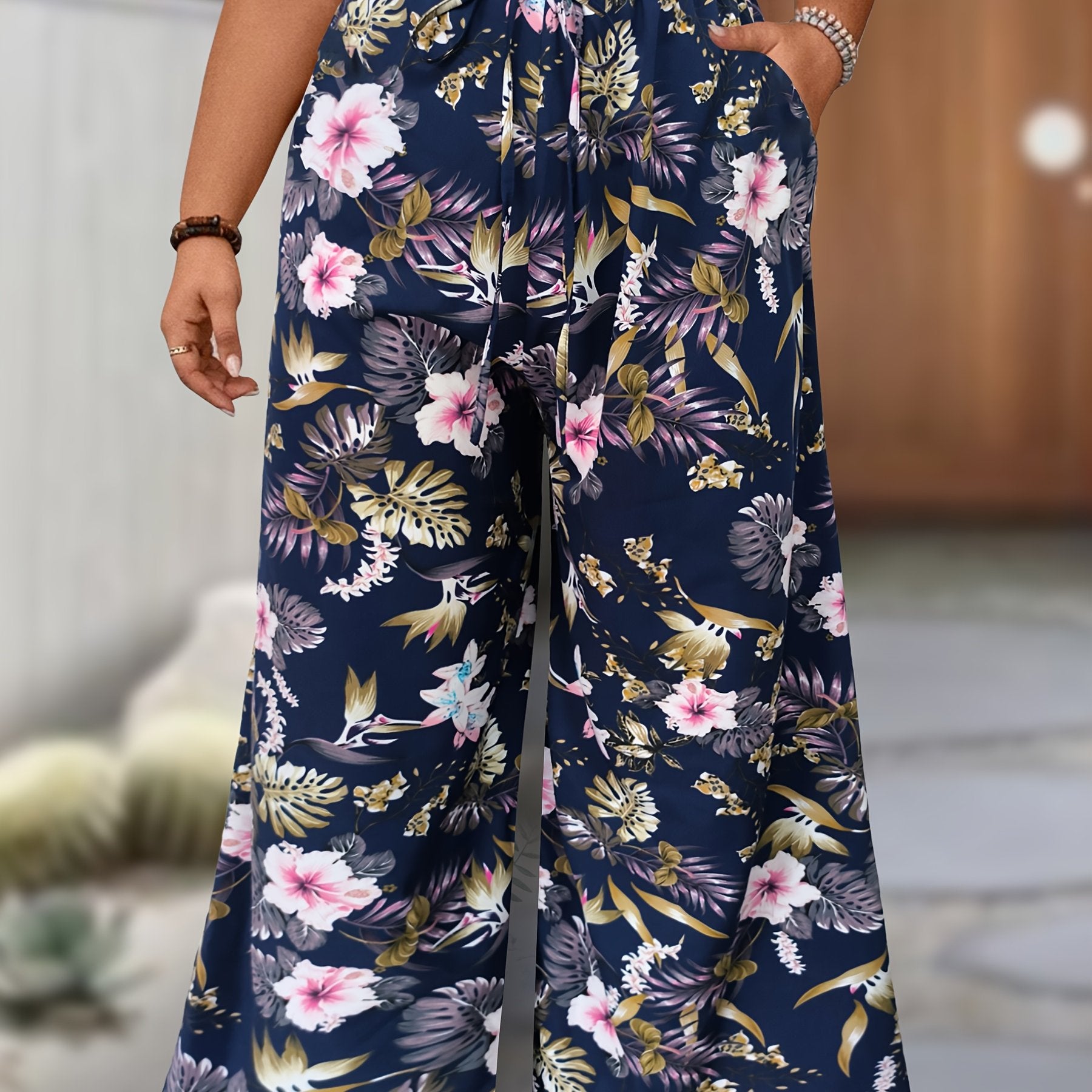 Women's Plus Size Floral Wide Leg Pants Elastic Waist Pockets