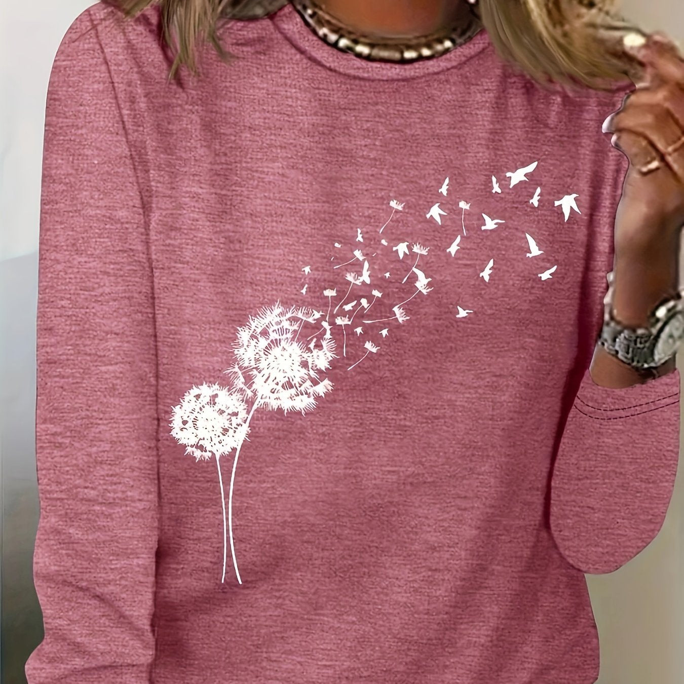 Plus Size Long Sleeve Crew Neck T-Shirt Polyester Knit Geometric Dandelion Bird Pattern