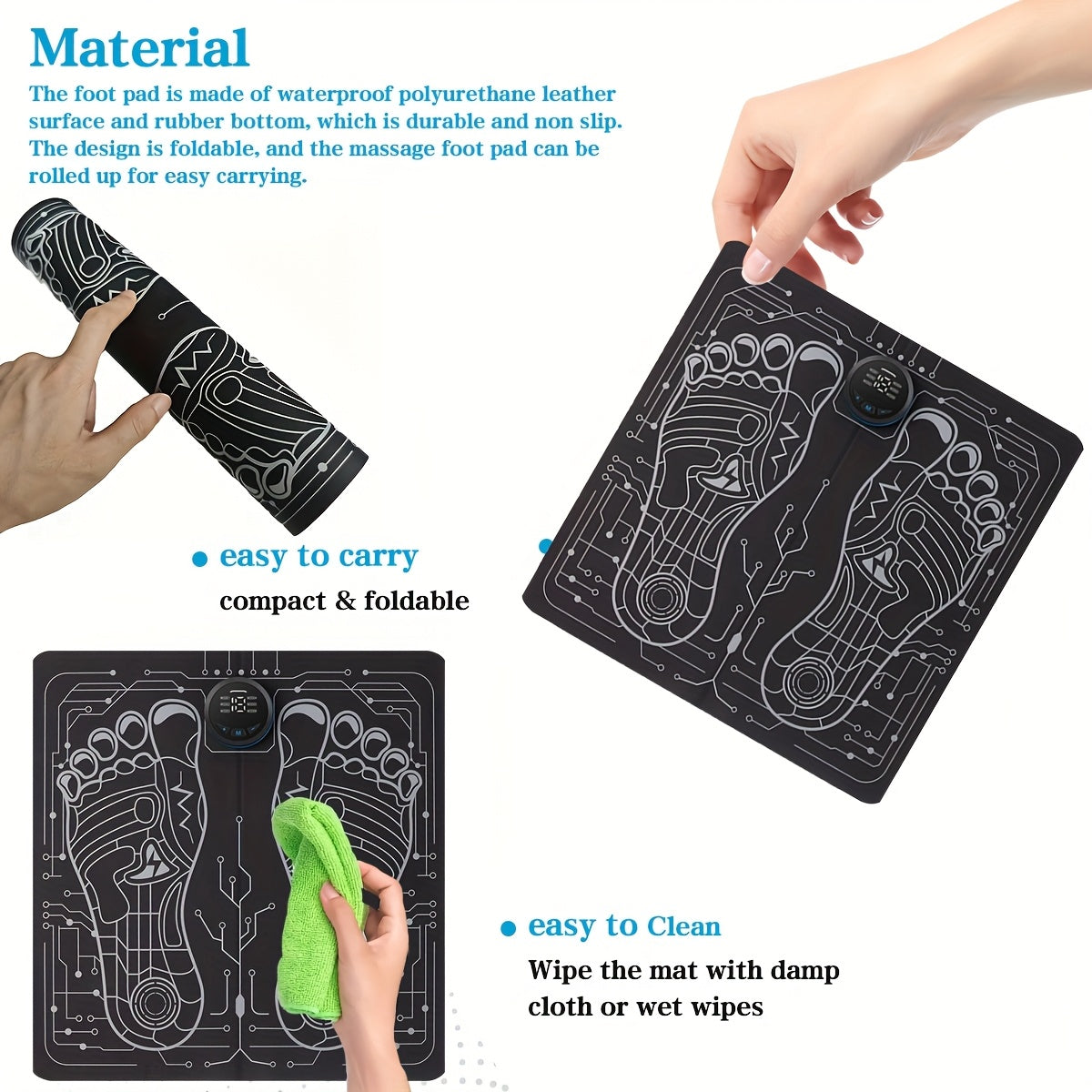 Uyda foydalanish uchun mo'ljallangan, to'liq tana massaji uchun bir nechta rejimlar va intensivliklarga ega oyoq yostiqlari. Uyda foydalanish uchun mukammal sovg'a. Faqat oyoqlar teriga teganda ishlaydi.