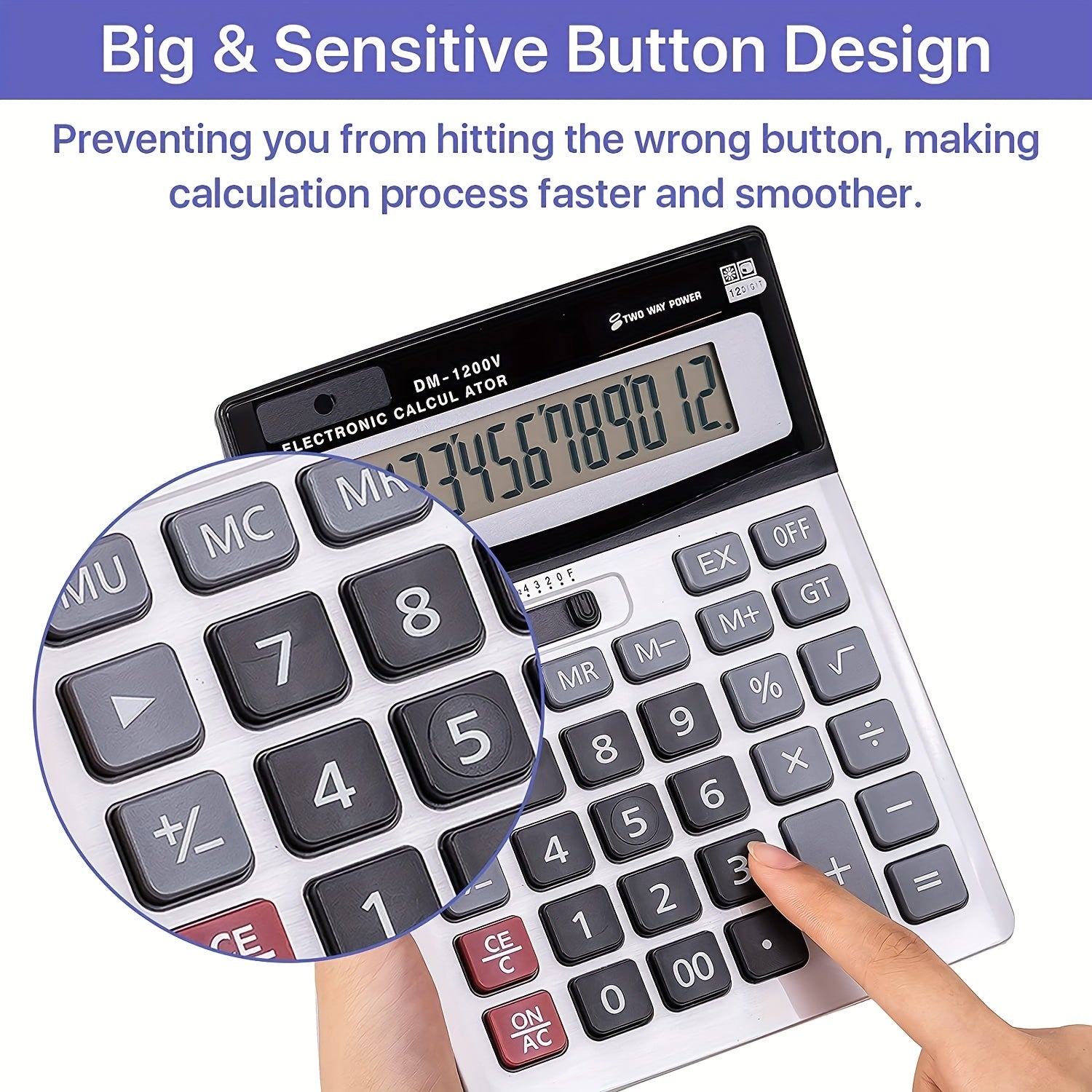 Desktop Calculator Large Display Big Buttons Dual Power 12-Digit Office Use